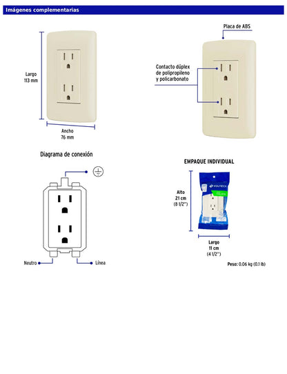 Contacto dúplex aterrizado de 127 V y 16 A con placa marfil