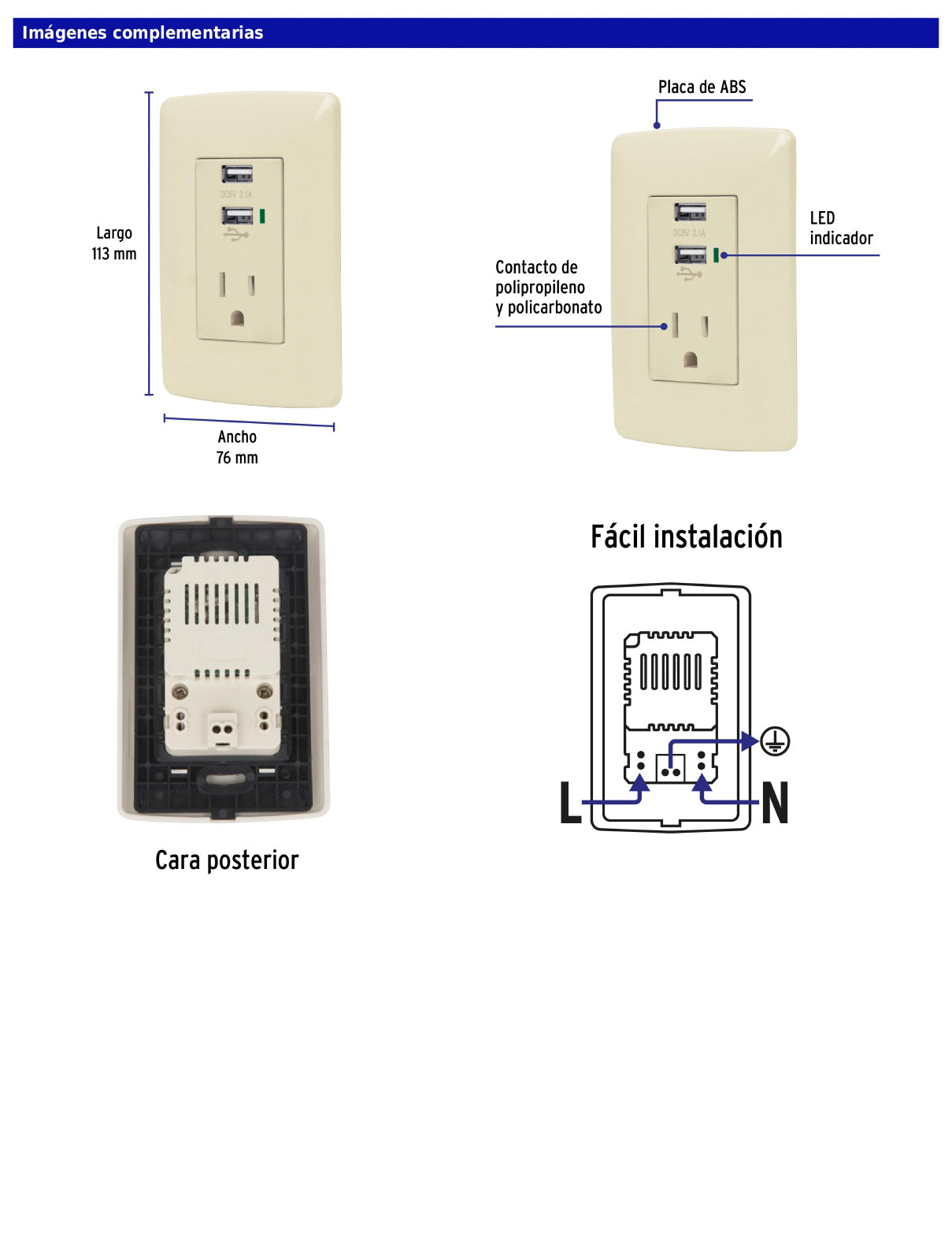 Contacto aterrizado de 127 V con 2 puertos USB y placa marfil