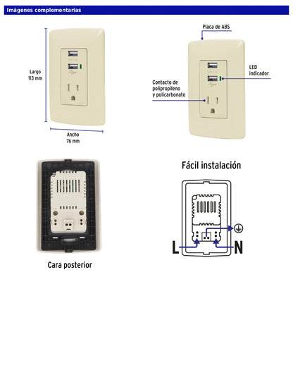 Contacto aterrizado de 127 V con 2 puertos USB y placa marfil