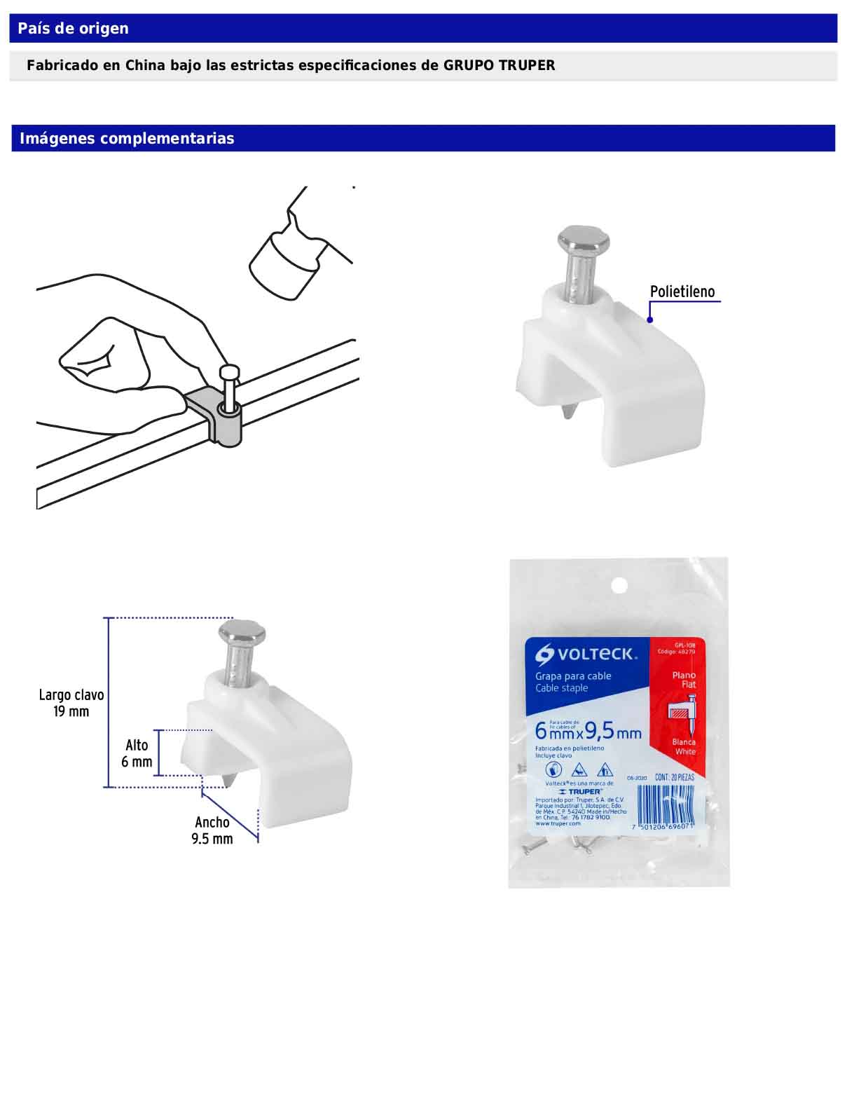 Bolsa con 20 grapas blancas de 6 × 9.5 mm para cable plano