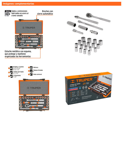 Juego de 25 herramientas mecánicas cuadro 3/8 en estándar y milimétrico