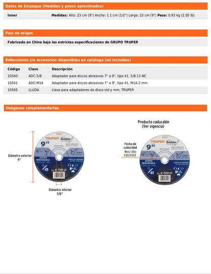 Disco Tipo 41 de 9 in para corte fino de acero inoxidable