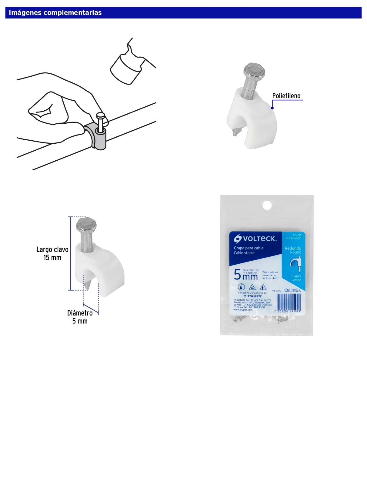 Bolsa con 20 grapas blancas de 5 mm para cable redondo