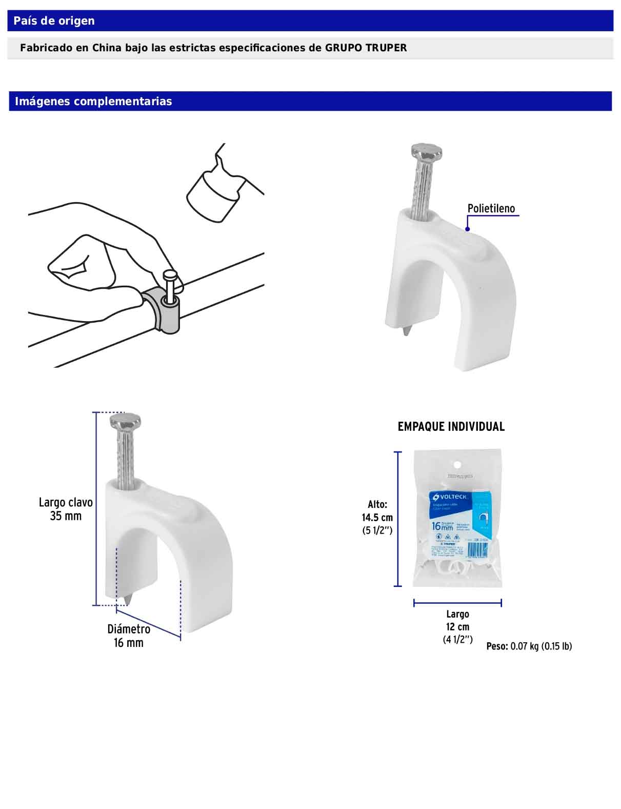Bolsa con 20 grapas blancas de 16 mm para cable redondo