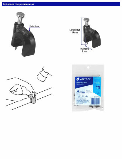 Bolsa con 20 grapas negras de 8 mm para cable redondo