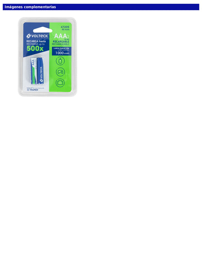 Blíster con 2 pilas recargables AAA de larga duración de 1000 mAh