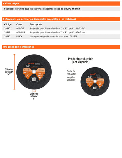 Disco tipo 41 de 14" para corte de metal con espesor 3.1 mm