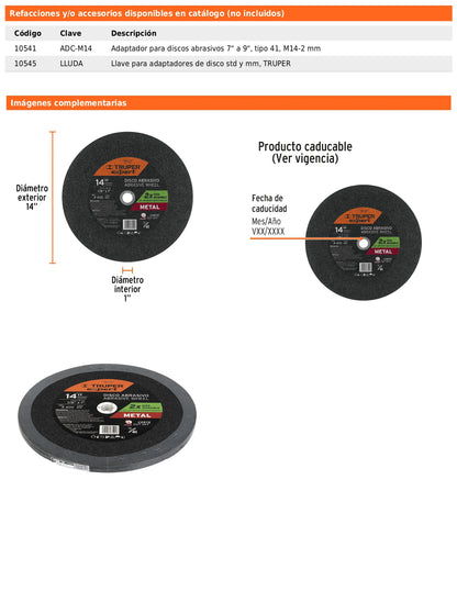 Disco tipo 41 de 14" para corte de metal con espesor 3.4 mm