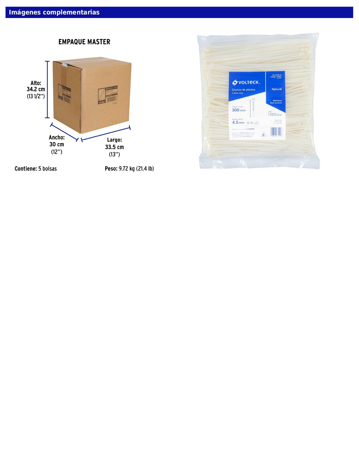Bolsa con 1000 cinchos plásticos 50 lb 300 x 4.5 mm natural
