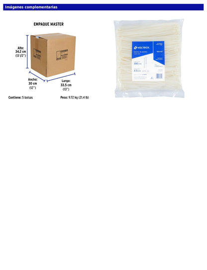 Bolsa con 1000 cinchos plásticos 50 lb 300 x 4.5 mm natural