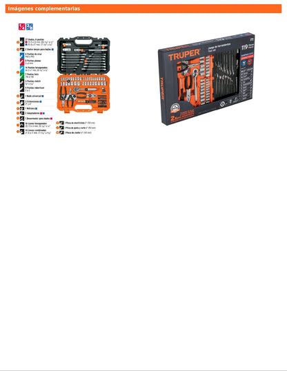Juego de 119 herramientas mecánicas 1/4 y 3/8 mixtas