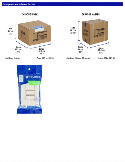 Placa armada con 3 interruptores sencillos de 125 V y 10 A con placa marfil