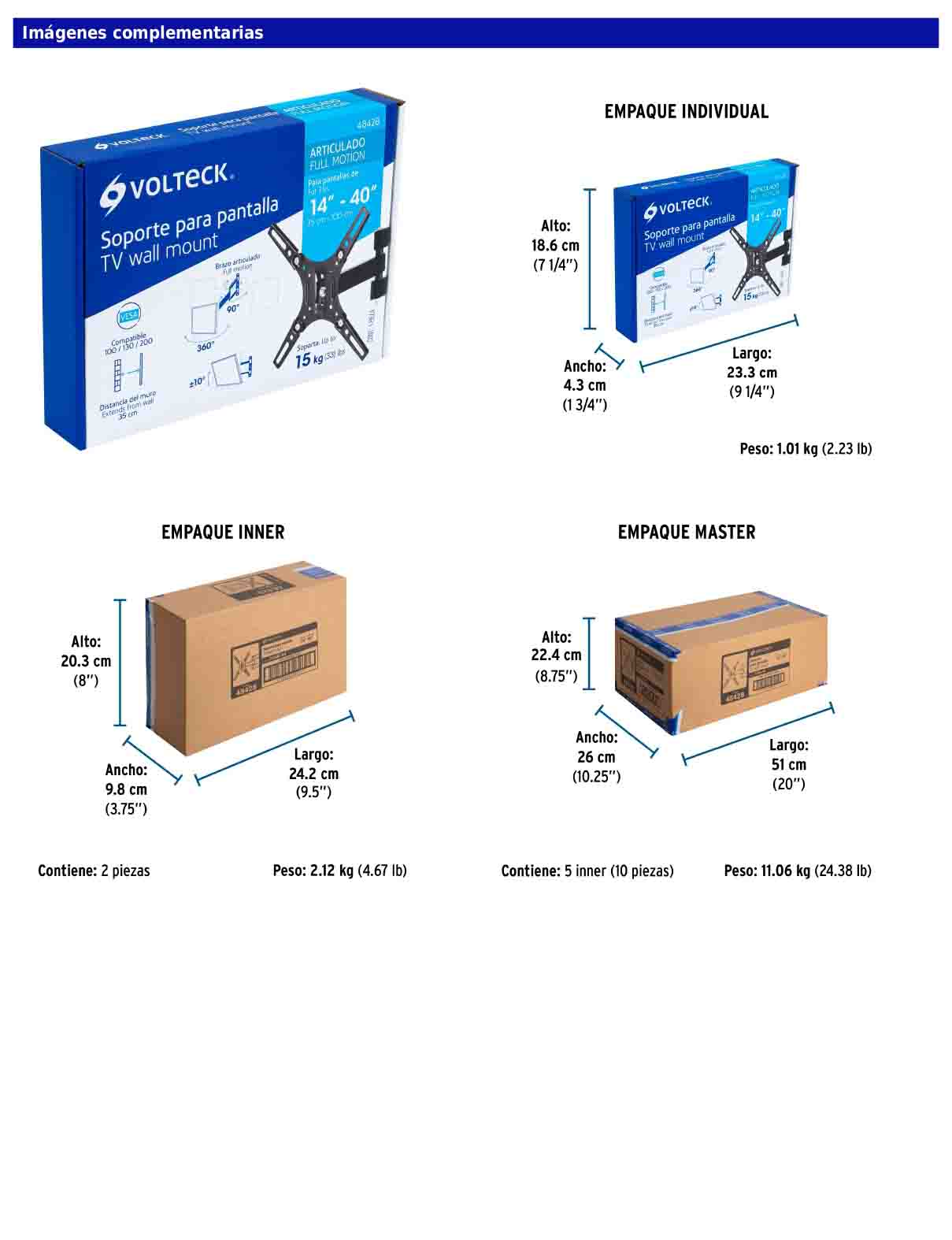 Soporte para pantallas de 14 a 40 pulgadas con movimiento angular y articulado