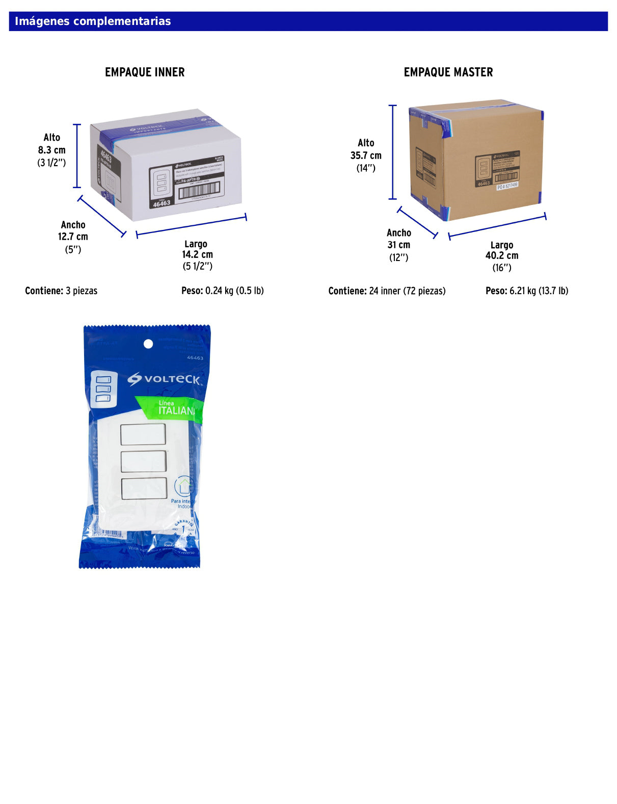 Placa armada con 3 interruptores sencillos de 125 V y 10 A con placa blanca