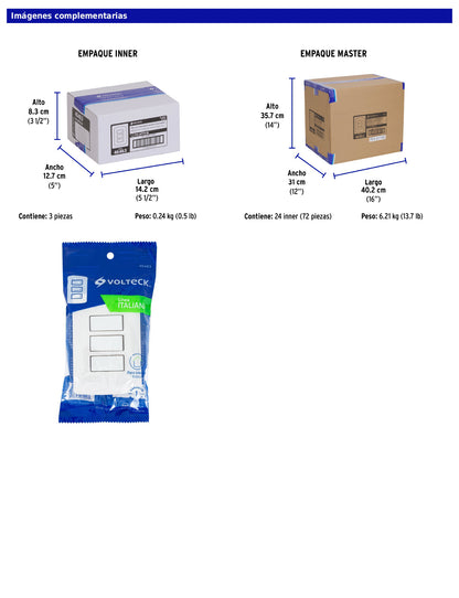Placa armada con 3 interruptores sencillos de 125 V y 10 A con placa blanca