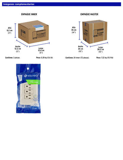 Placa armada con 3 contactos aterrizados de 127 V y 16 A con placa marfil