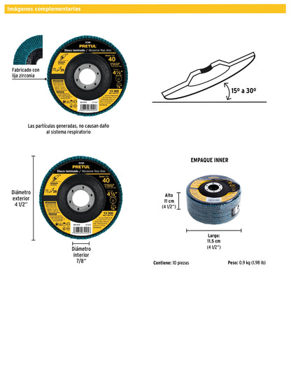 Disco laminado de 4-1/2" grano 40 con centro 7/8"