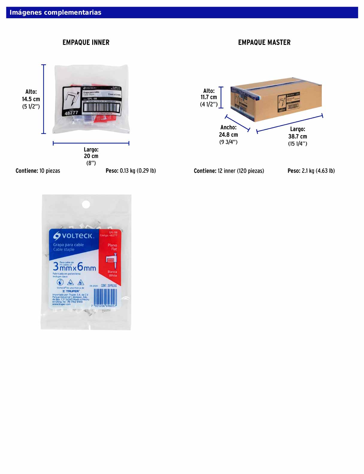 Bolsa con 20 grapas blancas de 3 × 6 mm para cable plano