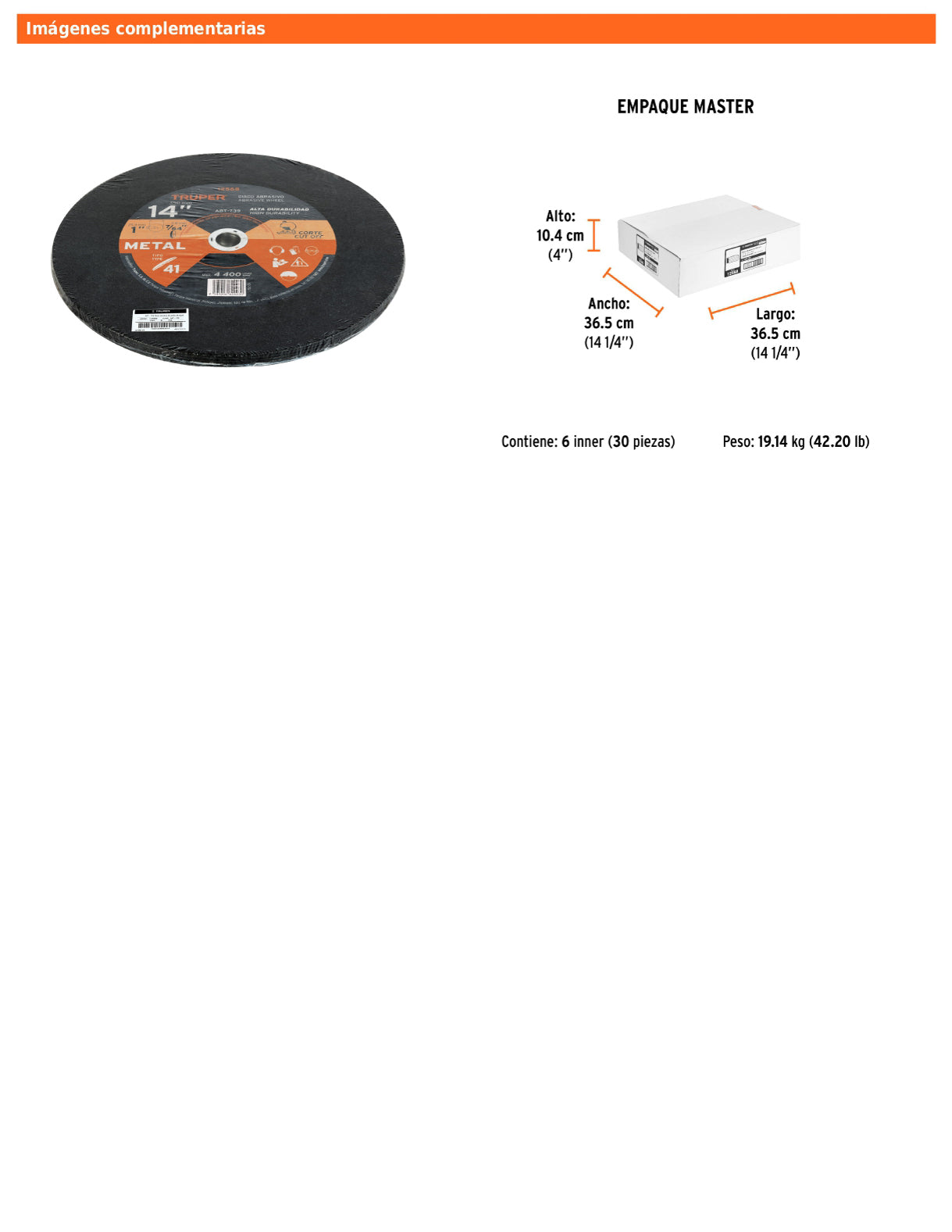 Disco tipo 41 de 14" para corte de metal con espesor 3.1 mm