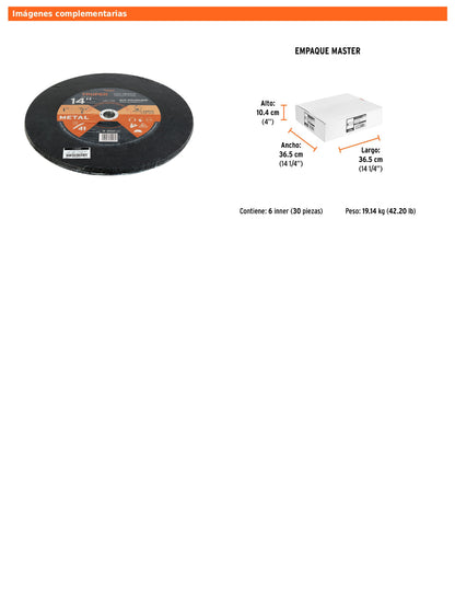 Disco tipo 41 de 14" para corte de metal con espesor 3.1 mm