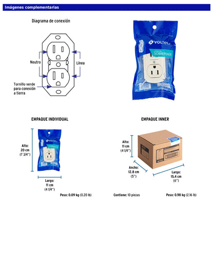 Contacto de sobreponer dúplex de 2 polos con tierra