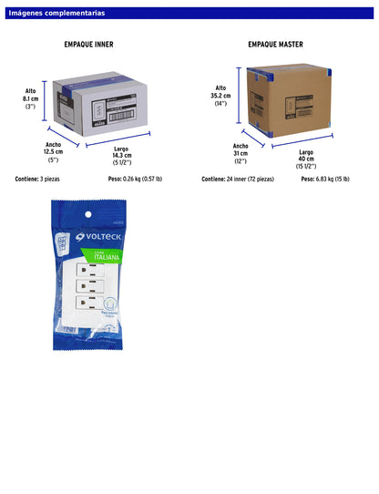 Placa armada con 3 contactos aterrizados de 127 V y 16 A con placa blanca