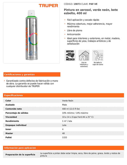 Pintura en aerosol verde neón bote esbelto 400 ml