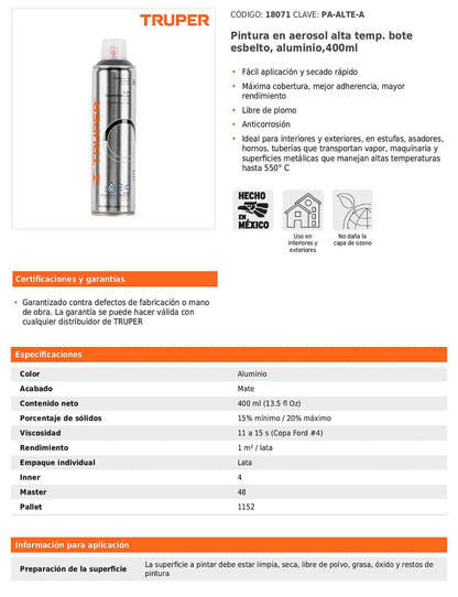 Pintura en aerosol alta temperatura aluminio bote esbelto 400 ml