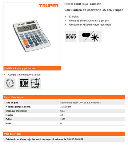 Calculadora de escritorio de 15 cm con alimentación solar y por pila