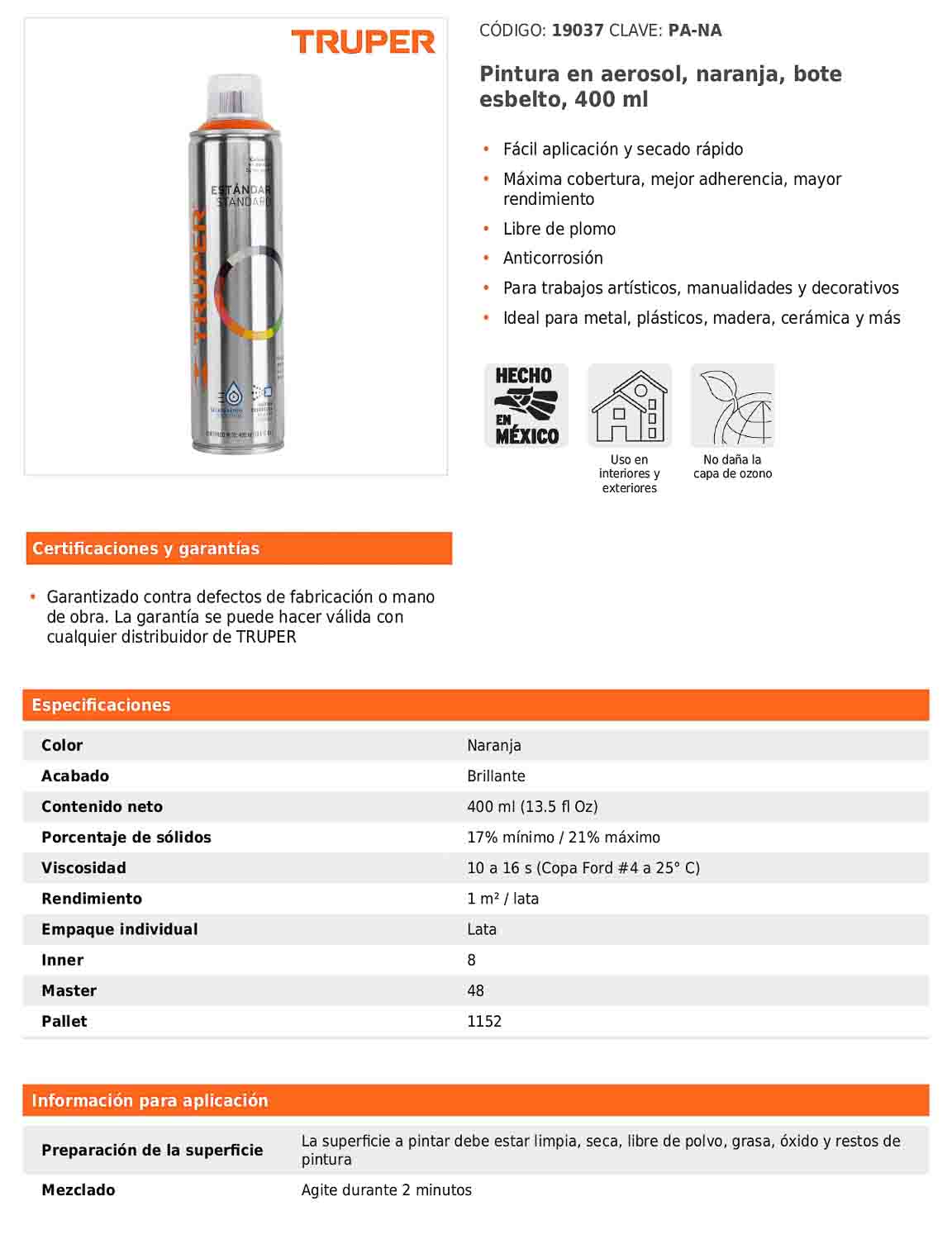 Pintura en aerosol naranja bote esbelto de 400 ml