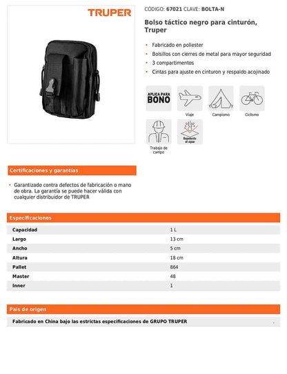 Bolso táctico negro para cinturón con 3 compartimentos