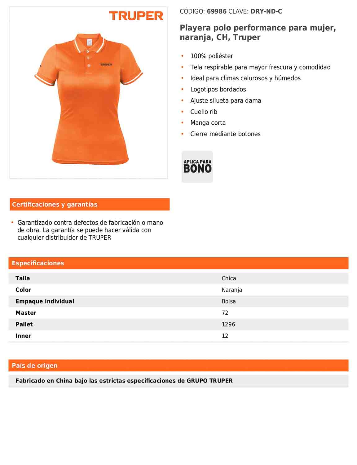 Playera polo performance para mujer color naranja en talla CH
