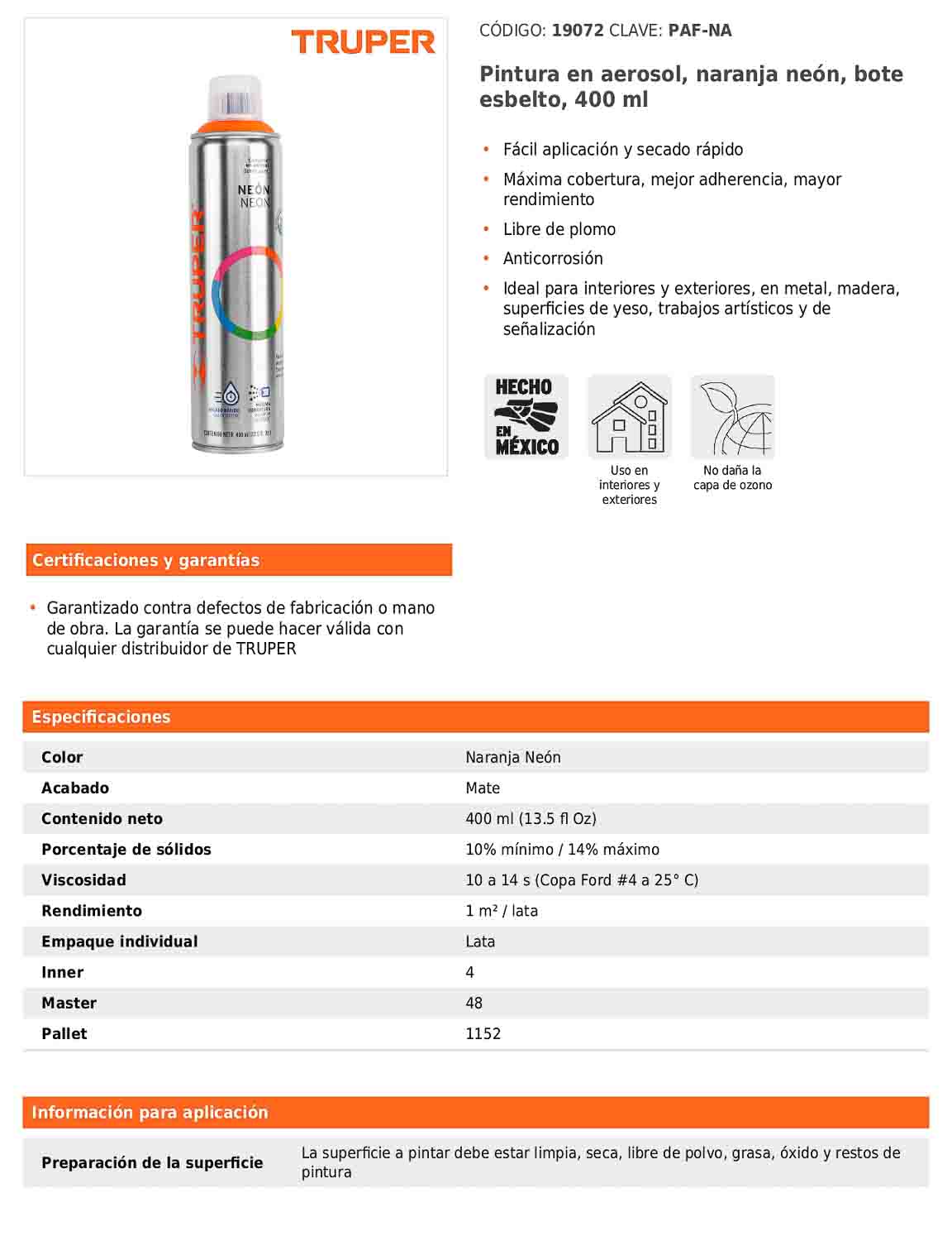 Pintura en aerosol naranja neón bote esbelto 400 ml