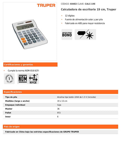 Calculadora de escritorio de 19 cm con alimentación solar y por pila