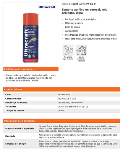 Esmalte acrílico en aerosol rojo brillante Ultra 400 ml