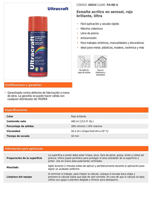 Esmalte acrílico en aerosol rojo brillante Ultra 400 ml