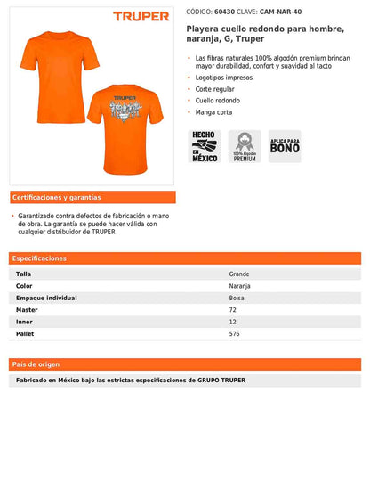 Playera cuello redondo para hombre color naranja en talla G