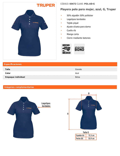 Playera polo para mujer color azul en talla G con tejido piqué