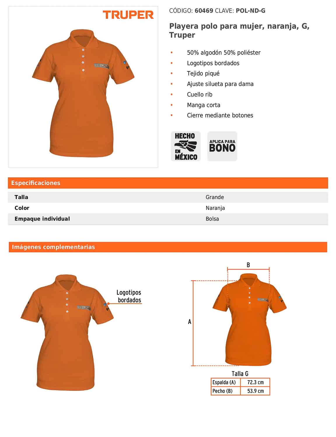 Playera polo para mujer color naranja en talla G con tejido piqué