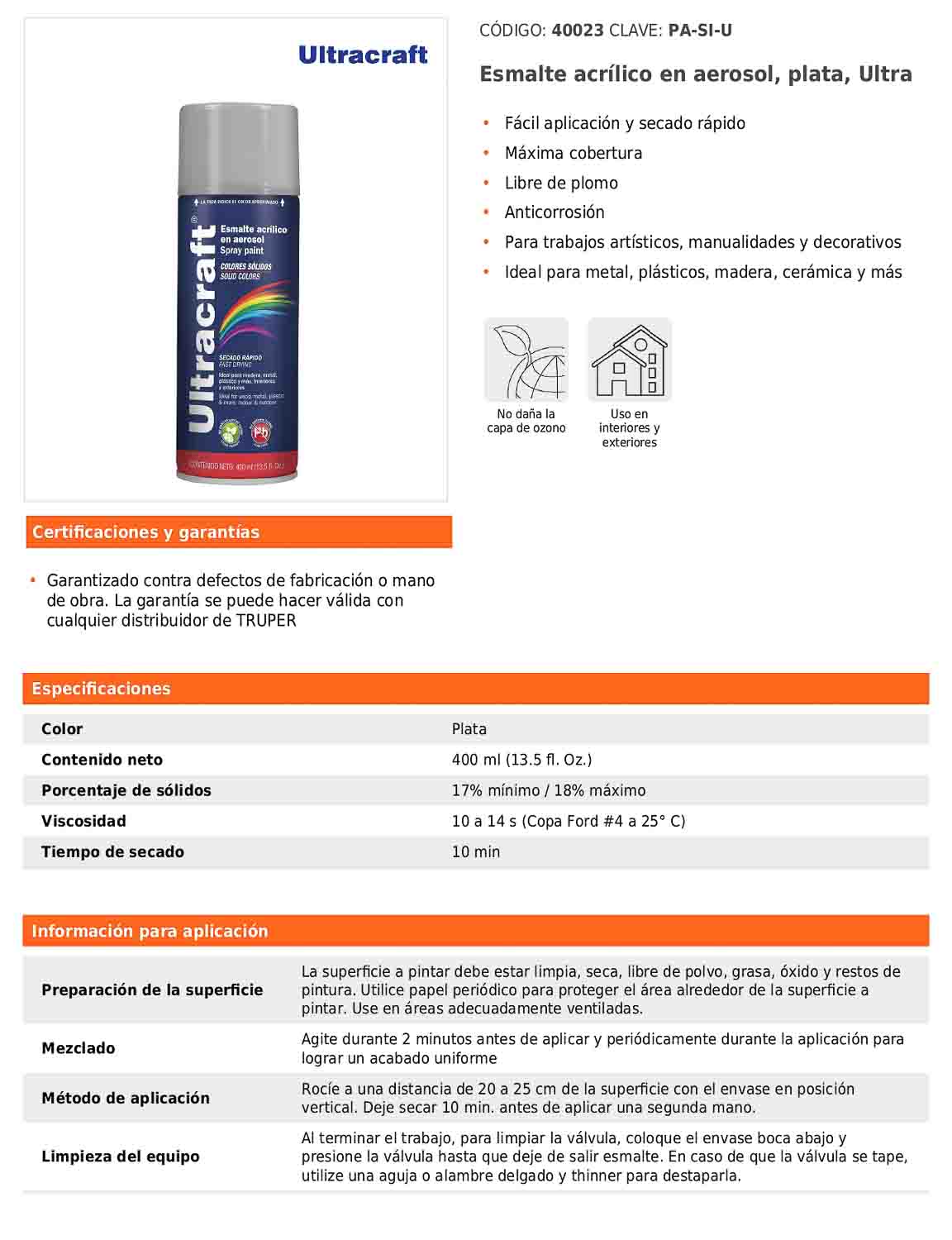 Esmalte acrílico en aerosol plata Ultra 400 ml