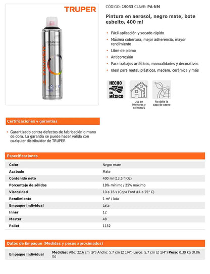 Pintura en aerosol negro mate bote esbelto de 400 ml