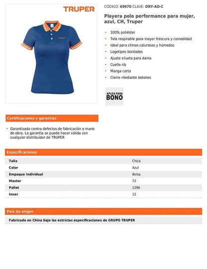 Playera polo performance para mujer color azul en talla CH