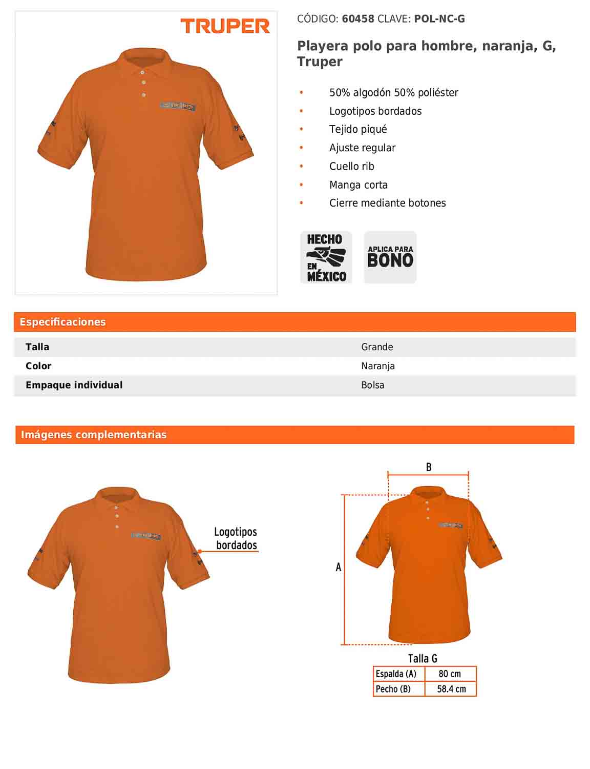 Playera polo para hombre color naranja en talla G con tejido piqué
