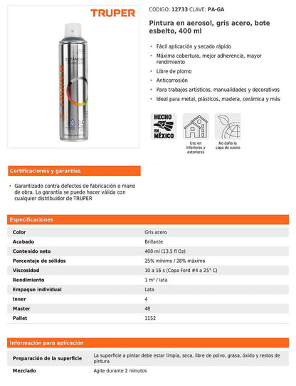 Pintura en aerosol gris acero bote esbelto de 400 ml