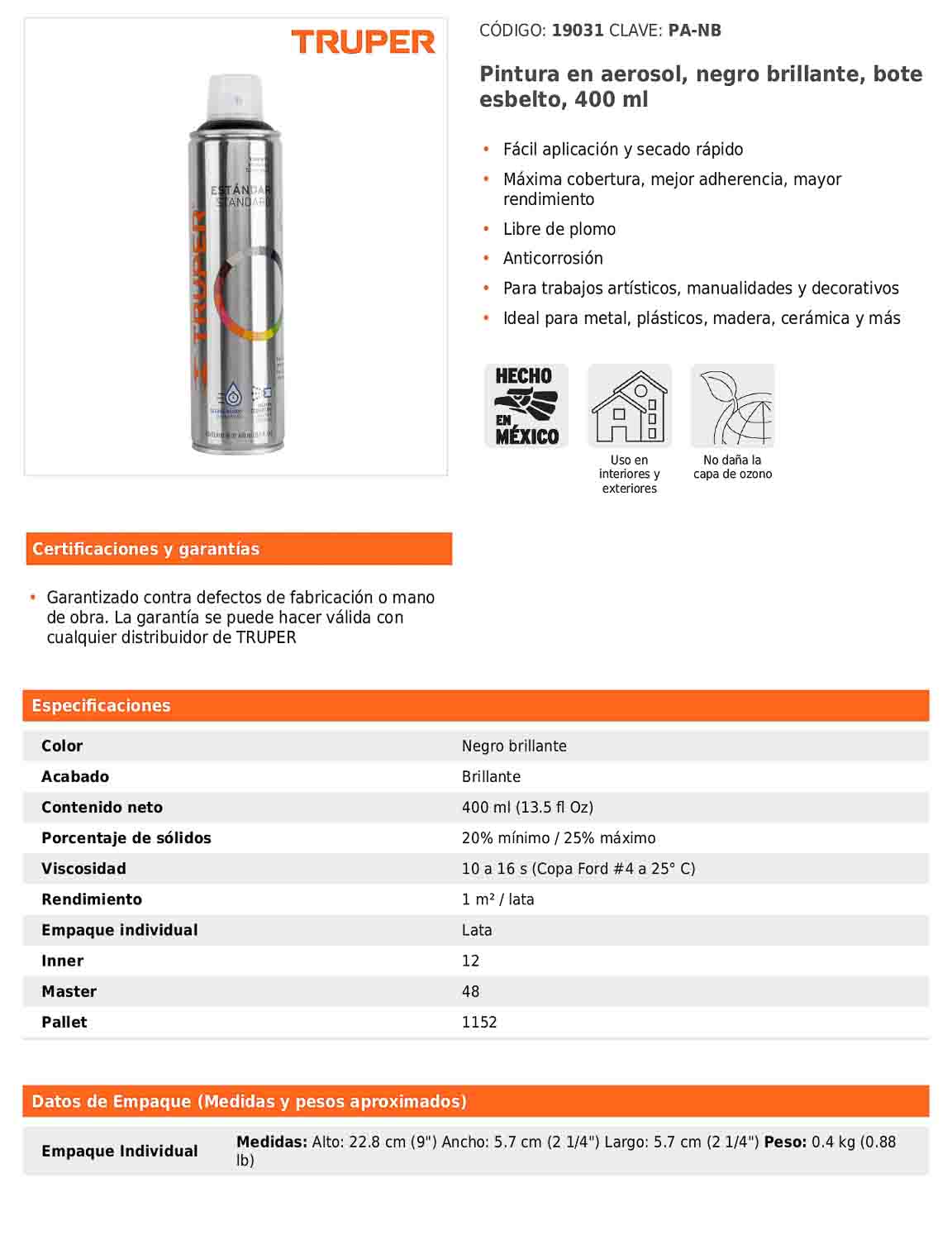 Pintura en aerosol negro brillante bote esbelto de 400 ml