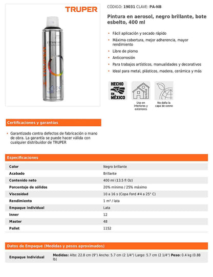 Pintura en aerosol negro brillante bote esbelto de 400 ml