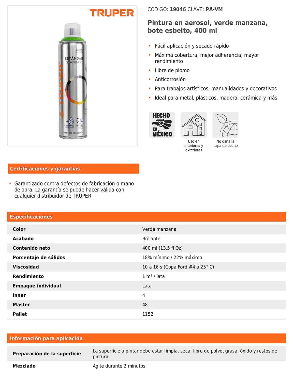 Pintura en aerosol verde manzana bote esbelto 400 ml