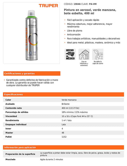 Pintura en aerosol verde manzana bote esbelto 400 ml