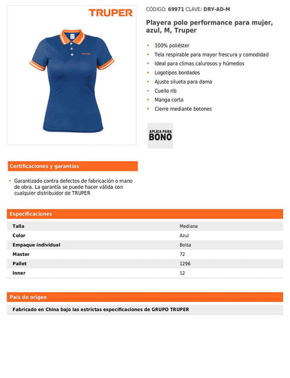 Playera polo performance para mujer color azul en talla M