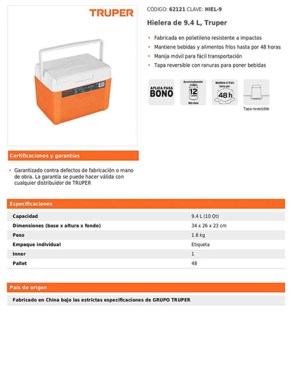 Hielera de 9.4 L con tapa reversible y manija móvil